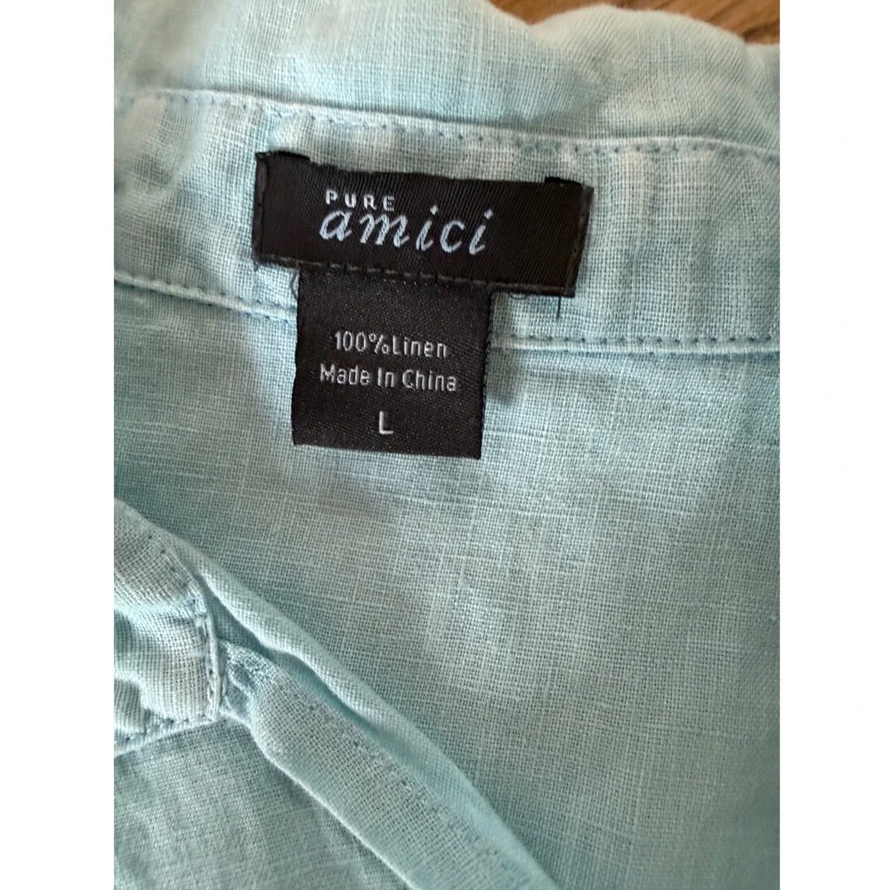 Pure Amici Light Blue 100% Linen Short Sleeve V-Neck Shift Dress L